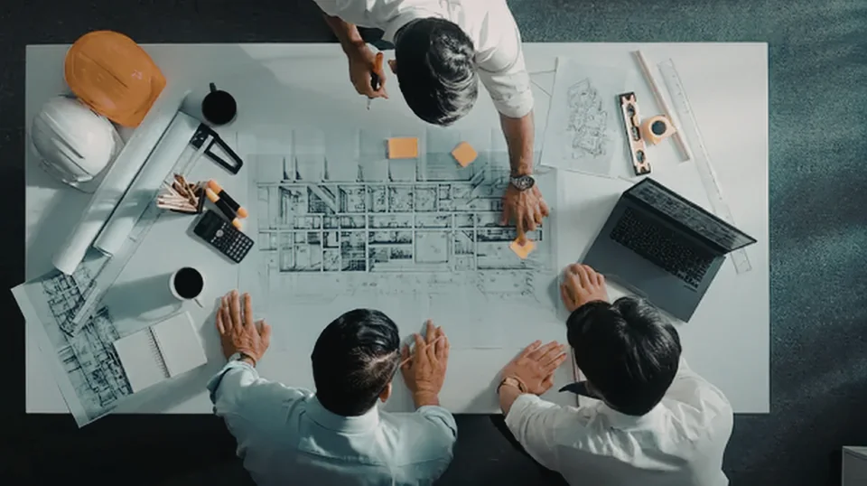 A project team reviewing plans together around a table